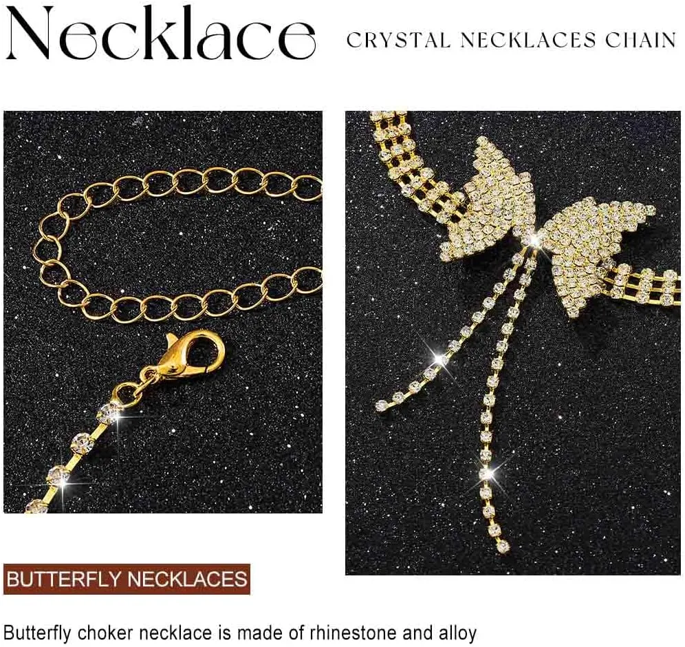 Rhinestone Butterfly Choker Necklace Layered Crystal Necklaces Chain Sparkly Party Neck Accessories for Women and Girls
