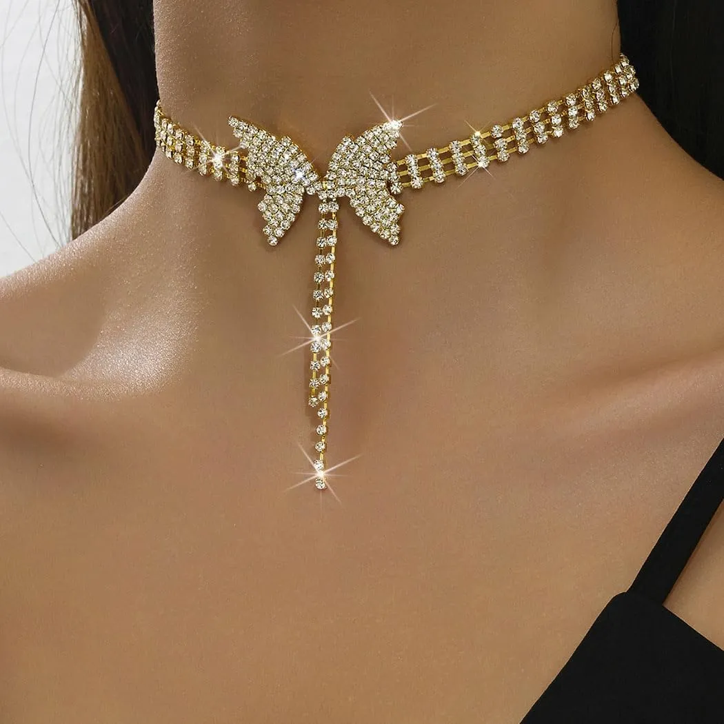 Rhinestone Butterfly Choker Necklace Layered Crystal Necklaces Chain Sparkly Party Neck Accessories for Women and Girls