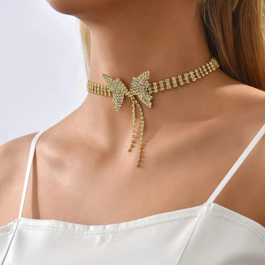 Rhinestone Butterfly Choker Necklace Layered Crystal Necklaces Chain Sparkly Party Neck Accessories for Women and Girls