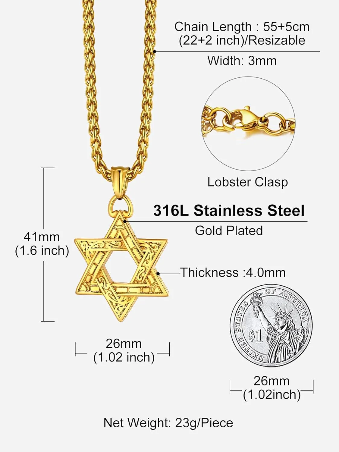 Richsteel Star of David Necklaces for Women Mens Stainless Steel/18K Gold Plated Hexagram Pendant Jewish Israel Jewelry