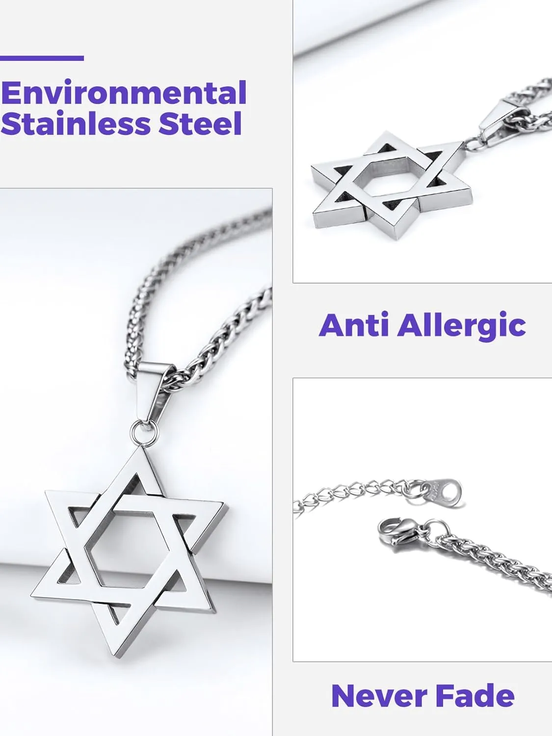 Richsteel Star of David Necklaces for Women Mens Stainless Steel/18K Gold Plated Hexagram Pendant Jewish Israel Jewelry