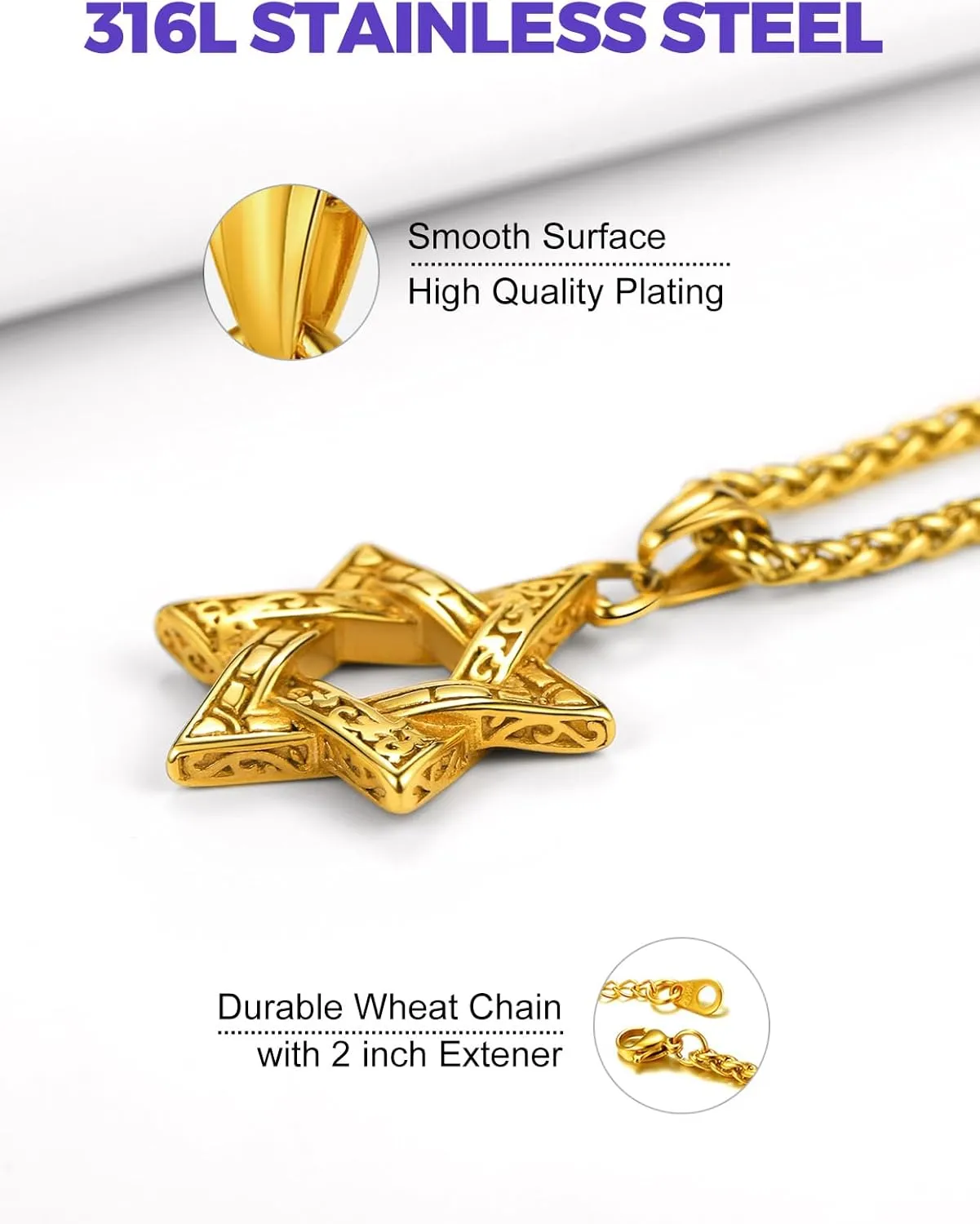 Richsteel Star of David Necklaces for Women Mens Stainless Steel/18K Gold Plated Hexagram Pendant Jewish Israel Jewelry
