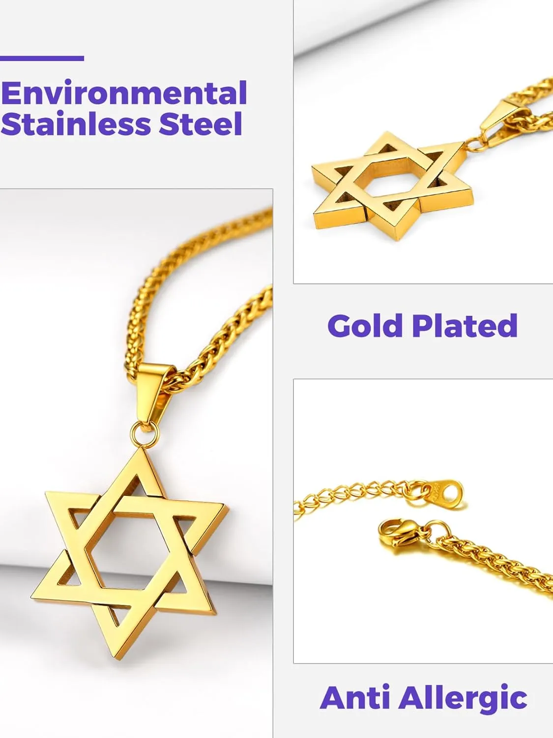 Richsteel Star of David Necklaces for Women Mens Stainless Steel/18K Gold Plated Hexagram Pendant Jewish Israel Jewelry