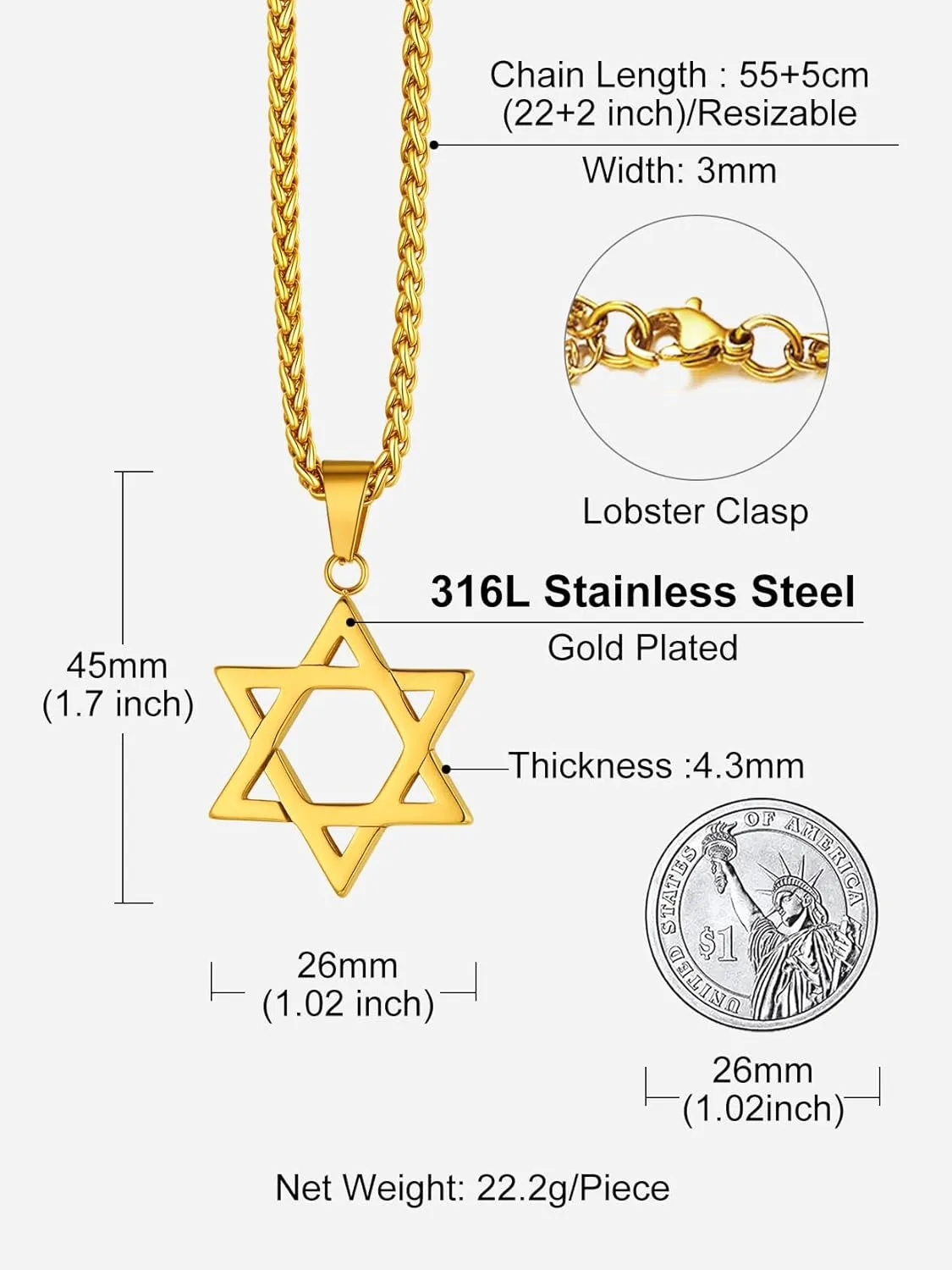Richsteel Star of David Necklaces for Women Mens Stainless Steel/18K Gold Plated Hexagram Pendant Jewish Israel Jewelry