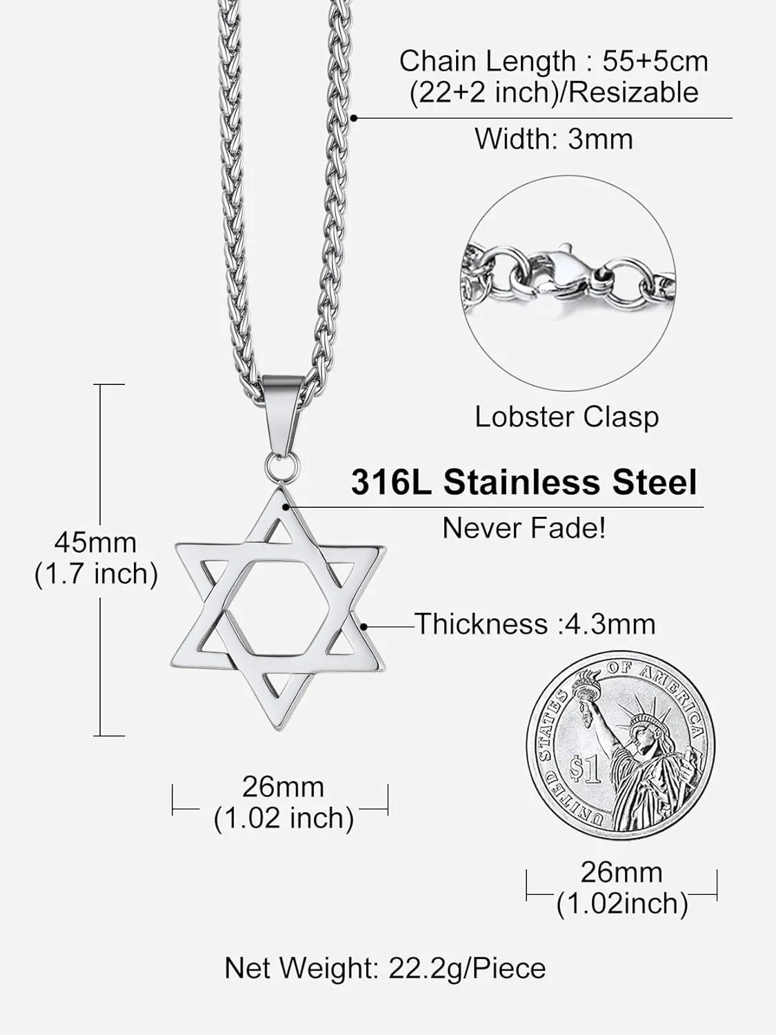 Richsteel Star of David Necklaces for Women Mens Stainless Steel/18K Gold Plated Hexagram Pendant Jewish Israel Jewelry