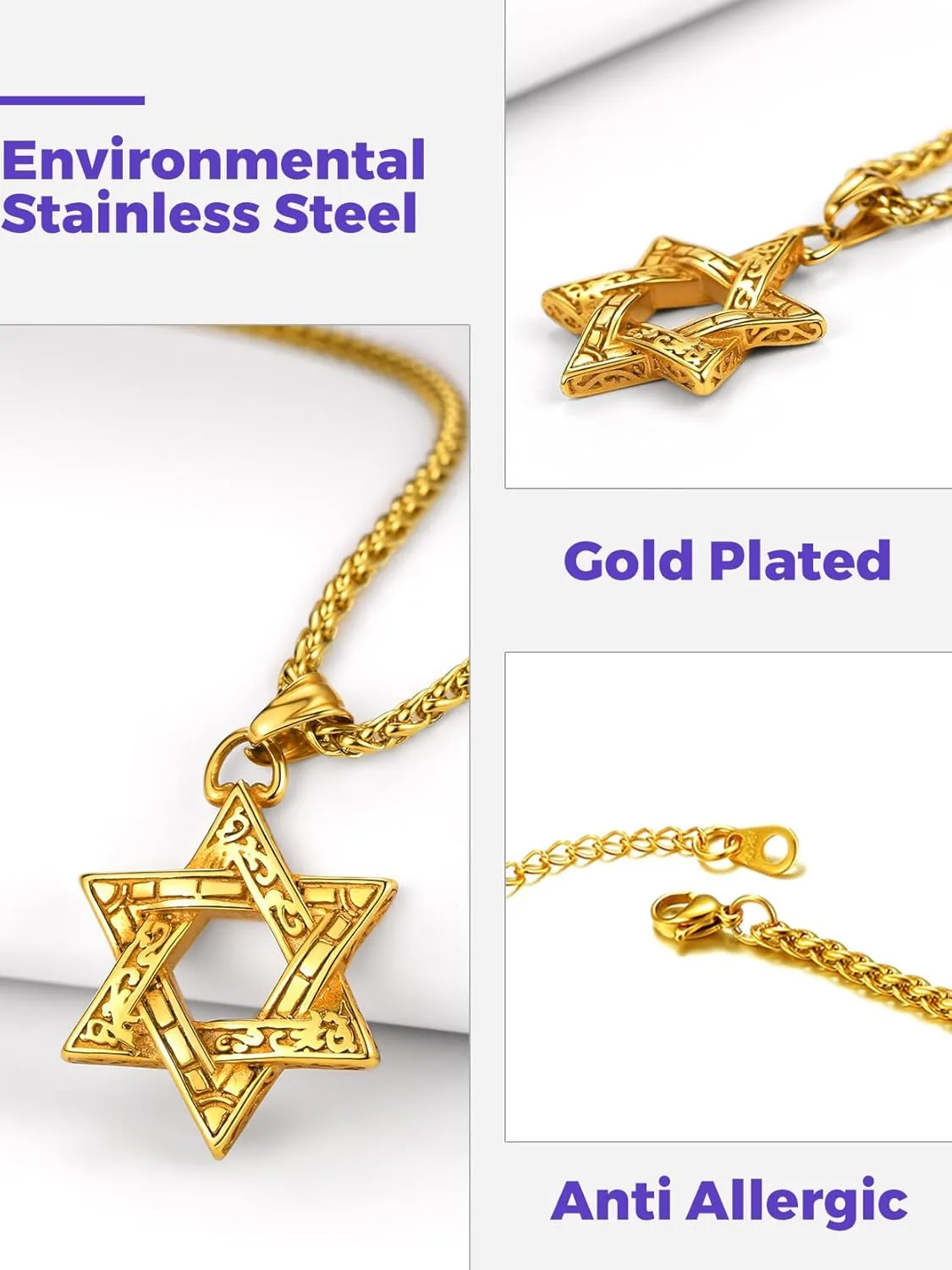 Richsteel Star of David Necklaces for Women Mens Stainless Steel/18K Gold Plated Hexagram Pendant Jewish Israel Jewelry