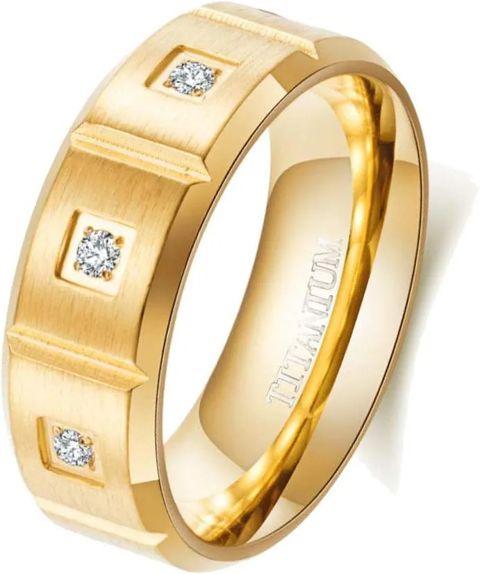 ringheart Couple Rings Yellow Gold Filled Princess Cut 6 * 6mm Cz Womens Wedding Ring Sets 8mm Titanium Men's Wedding BandPlease Buy 2 Rings for 1 Pair