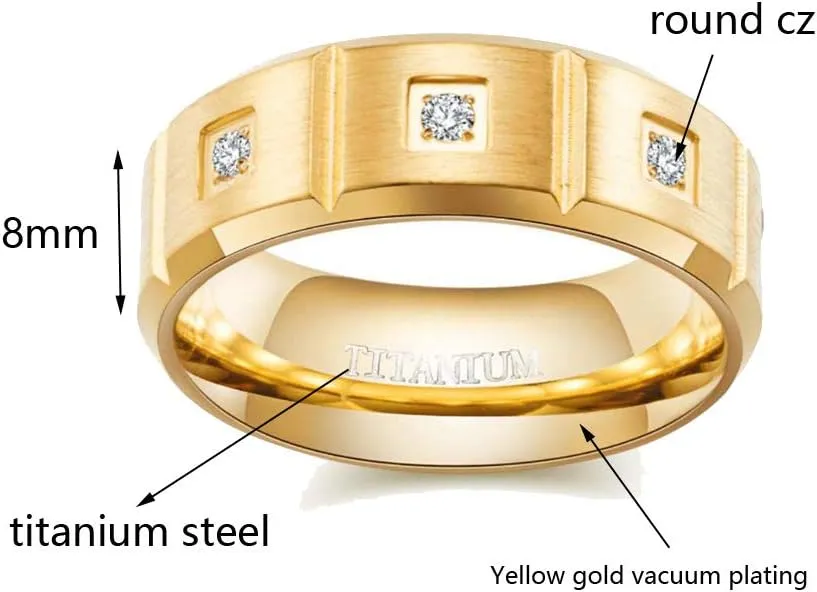 ringheart Couple Rings Yellow Gold Filled Princess Cut 6 * 6mm Cz Womens Wedding Ring Sets 8mm Titanium Men's Wedding BandPlease Buy 2 Rings for 1 Pair