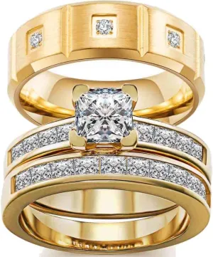 ringheart Couple Rings Yellow Gold Filled Princess Cut 6 * 6mm Cz Womens Wedding Ring Sets 8mm Titanium Men's Wedding BandPlease Buy 2 Rings for 1 Pair