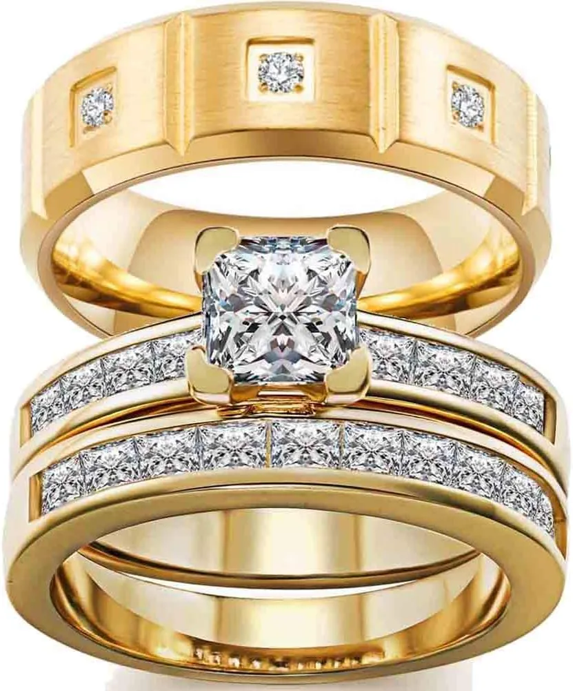 ringheart Couple Rings Yellow Gold Filled Princess Cut 6 * 6mm Cz Womens Wedding Ring Sets 8mm Titanium Men's Wedding BandPlease Buy 2 Rings for 1 Pair