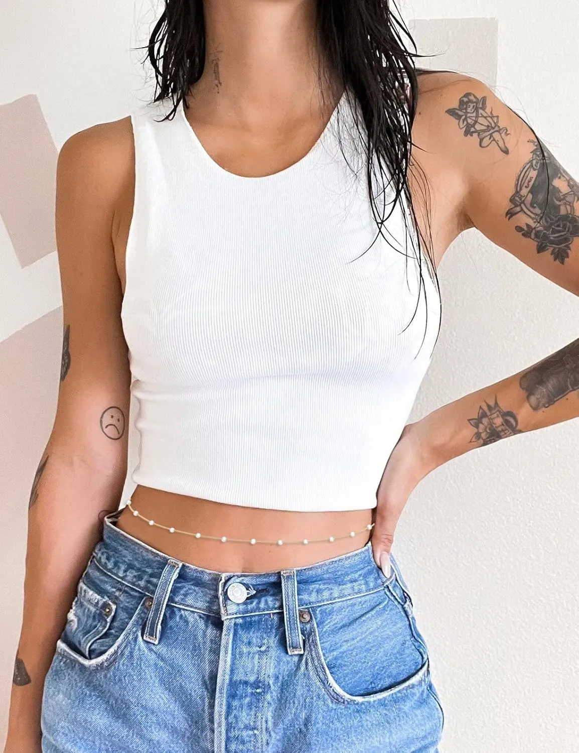 RLMOON 2PCS 18K Gold Plated Waist Chains for Women Gold Body Belly Chains for the Waist Adjustable Layered Waist Chain for Summer Beach Bikini