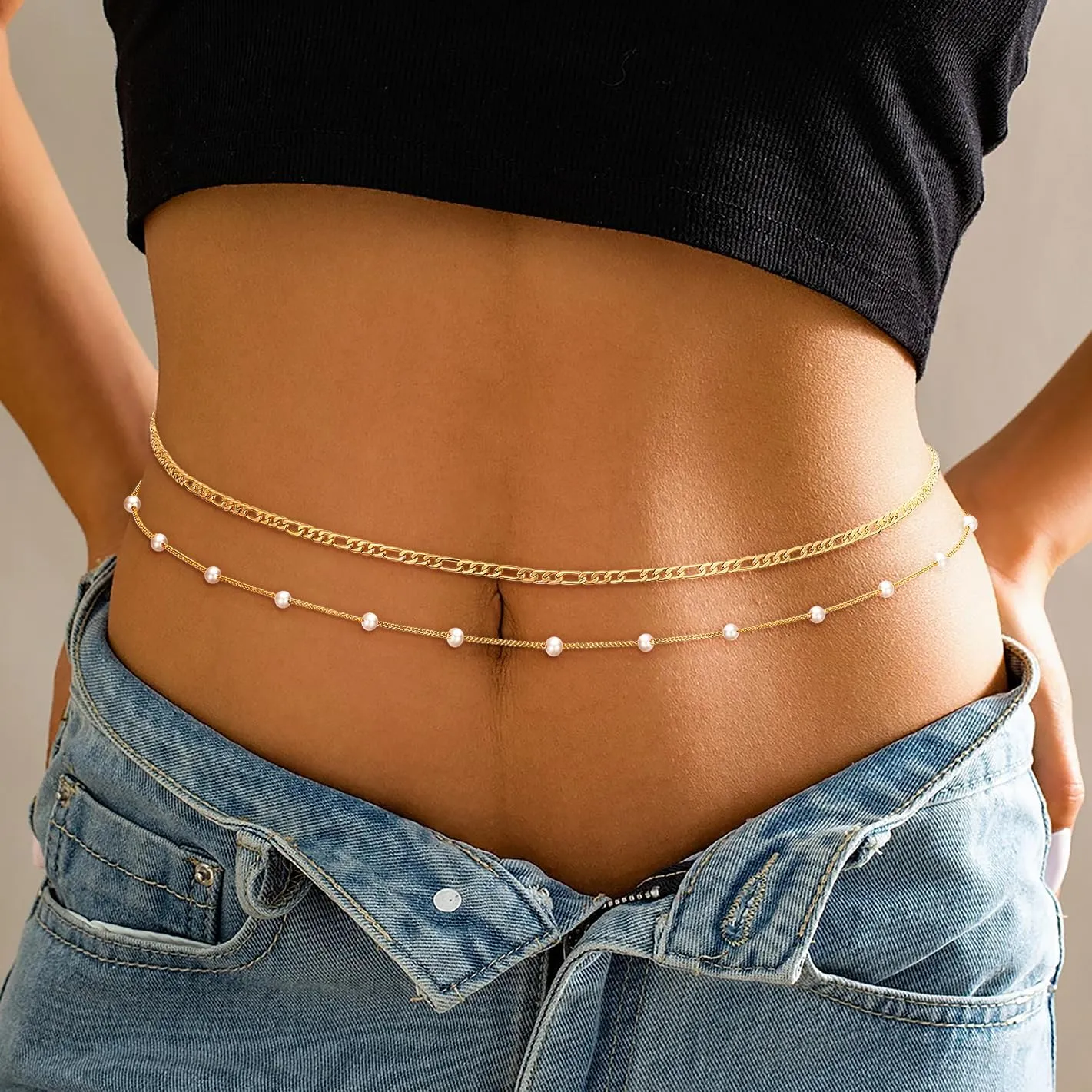 RLMOON 2PCS 18K Gold Plated Waist Chains for Women Gold Body Belly Chains for the Waist Adjustable Layered Waist Chain for Summer Beach Bikini