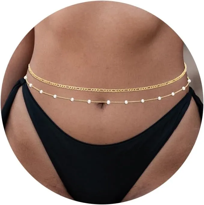 RLMOON 2PCS 18K Gold Plated Waist Chains for Women Gold Body Belly Chains for the Waist Adjustable Layered Waist Chain for Summer Beach Bikini