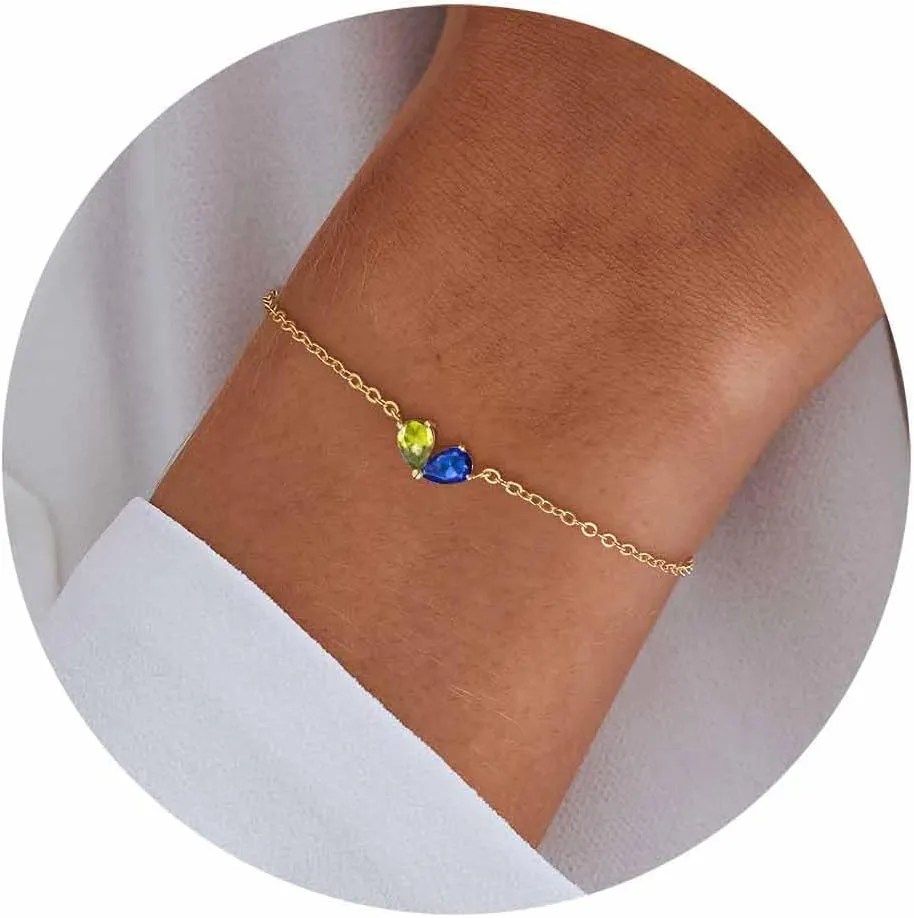 RLMOON Gold Bracelets for Women Dainty 2 Birthstone Bracelets Non tarnish 14K Gold Plated Heart CZ Bracelet for Mother and Daughter Anniversary Birthday Jewelry Gift