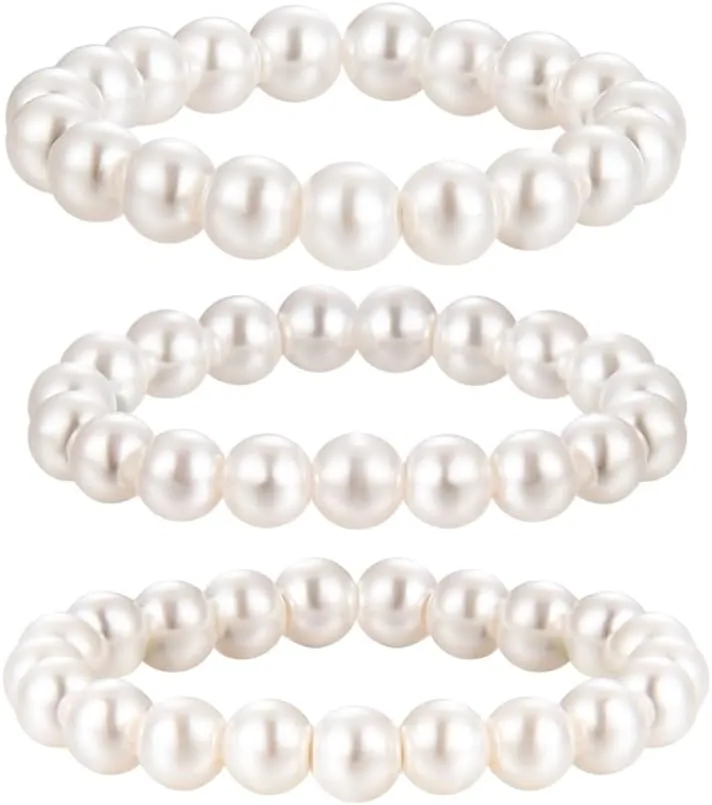 Rnivida 3Pcs Stretch Pearl Rings for Women,Faux Pearl Ring Strand 3MM Stackable Rings Adjustable Size