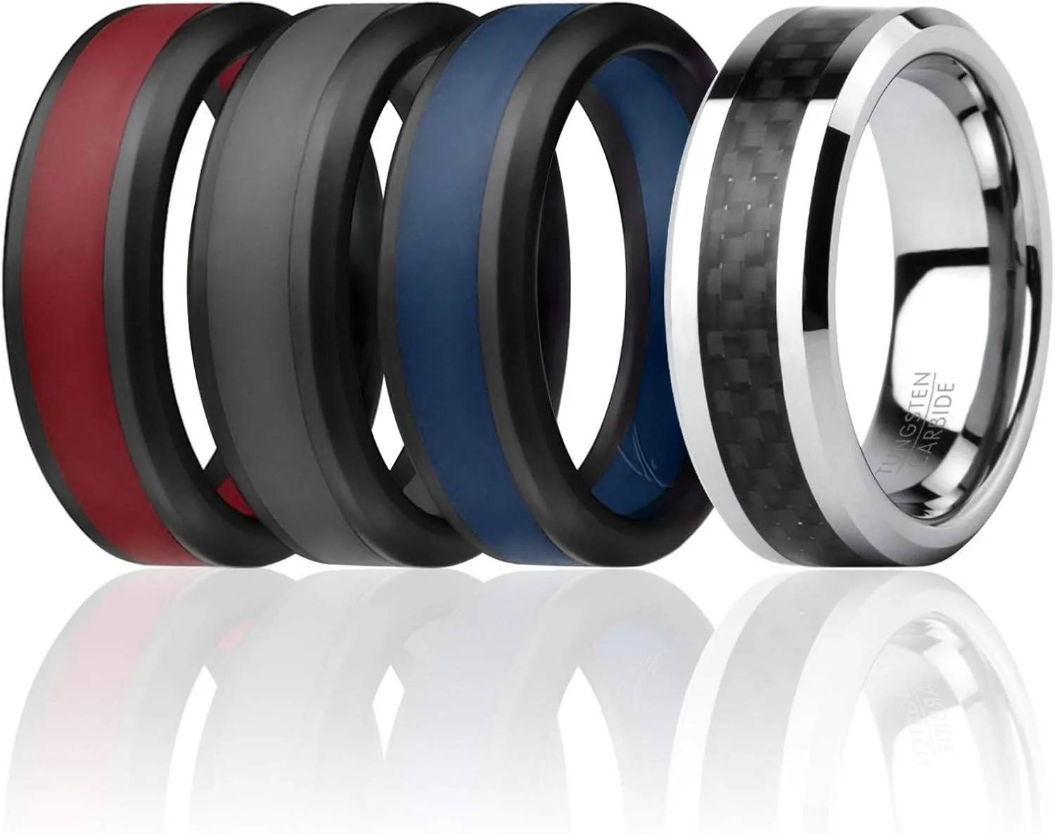 ROQ Silicone Rubber Wedding Ring for Men, Rubber Silicone Wedding Band, Men's Durable & Breathable Silicone Engagement Ring/Band, Full Cycle Tungsten & Silicone Set, 8mm Wide 2mm Thick, 4 Pack, Multi Sizes