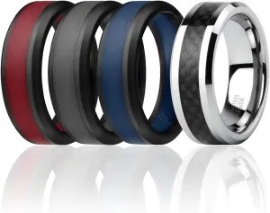 ROQ Silicone Rubber Wedding Ring for Men, Rubber Silicone Wedding Band, Men's Durable & Breathable Silicone Engagement Ring/Band, Full Cycle Tungsten & Silicone Set, 8mm Wide 2mm Thick, 4 Pack, Multi Sizes