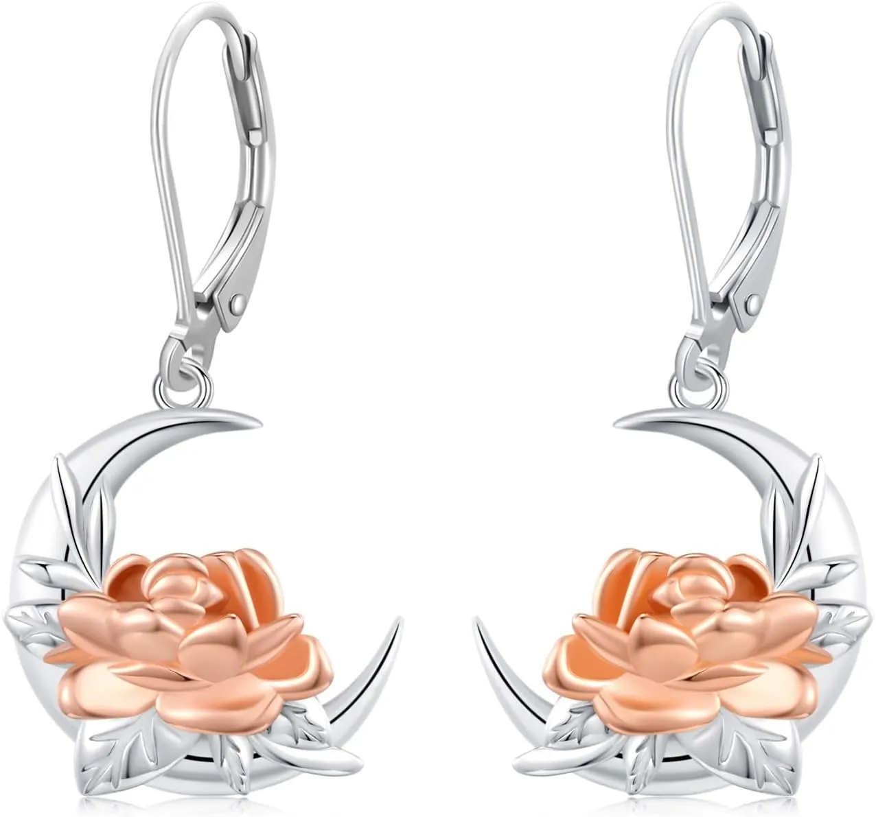 Rose Earrings 925 Sterling Silver Dainty Rose Flower Leverback Earrings Rose Gold Drop Dangle Earrings Rose Jewelry Valentine's Day Gift for Women Chicas Female Friends