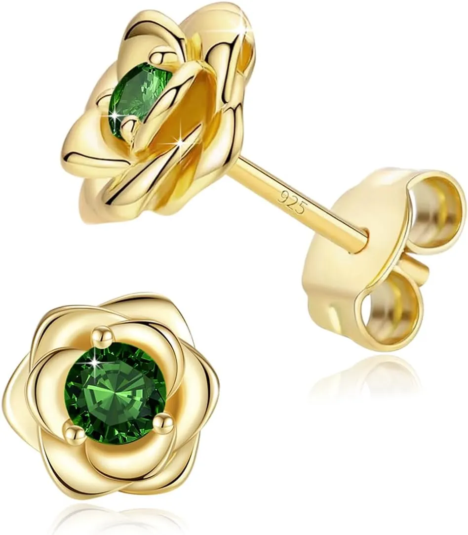 Rose Flower Gold Plated Stud Earrings For Women 925 Sterling Silver Post,Cubic Zirconia Hypoallergenic & Nickel Free Jewelry