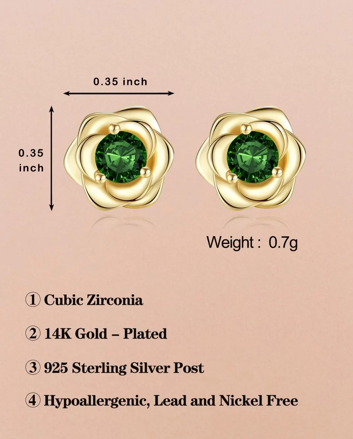 Rose Flower Gold Plated Stud Earrings For Women 925 Sterling Silver Post,Cubic Zirconia Hypoallergenic & Nickel Free Jewelry