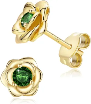 Rose Flower Gold Plated Stud Earrings For Women 925 Sterling Silver Post,Cubic Zirconia Hypoallergenic & Nickel Free Jewelry