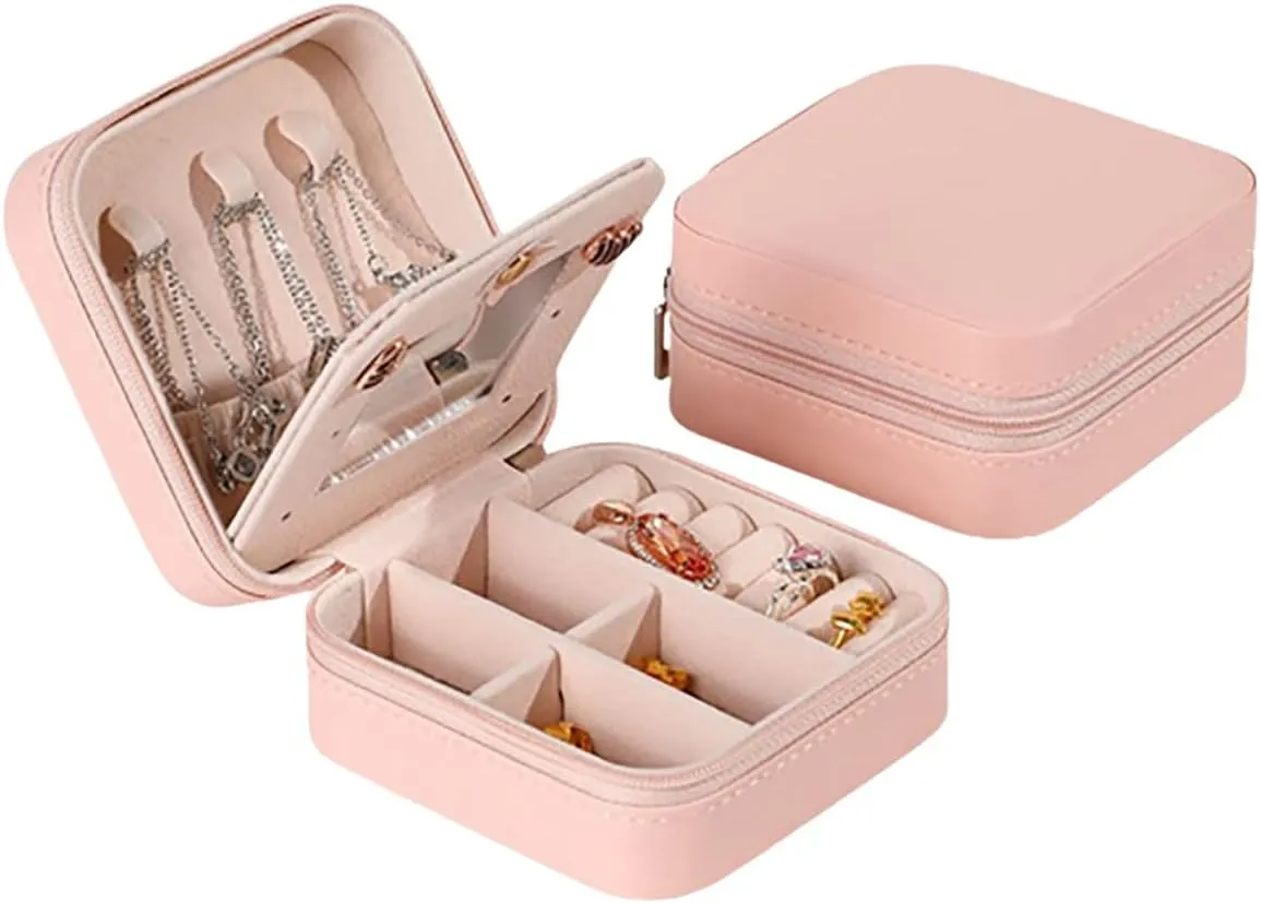 RT&BS Travel Jewelry Case with Mirror, Jewelry Box for Rings Earrings Necklaces, Gifts for Women Girls (Nude Pink)