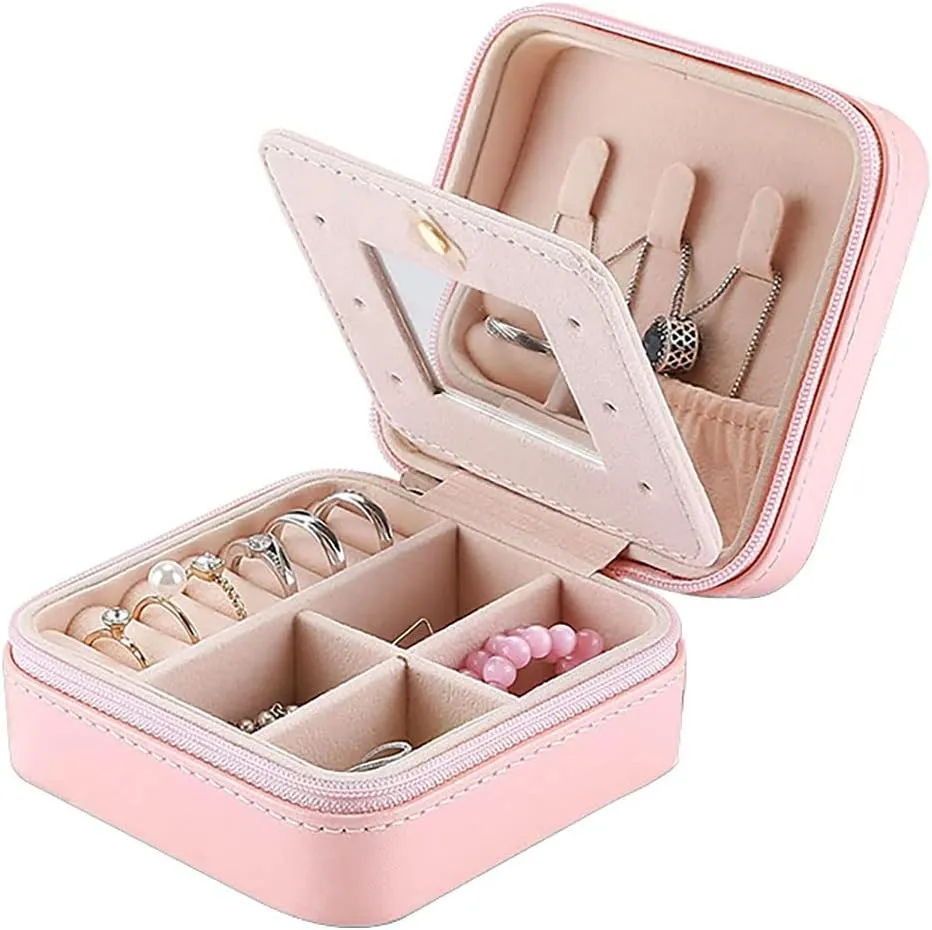 RT&BS Travel Jewelry Case with Mirror, Jewelry Box for Rings Earrings Necklaces, Gifts for Women Girls (Nude Pink)