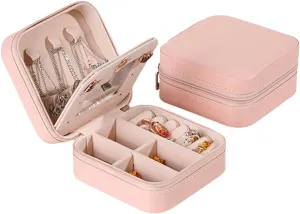 RT&BS Travel Jewelry Case with Mirror, Jewelry Box for Rings Earrings Necklaces, Gifts for Women Girls (Nude Pink)
