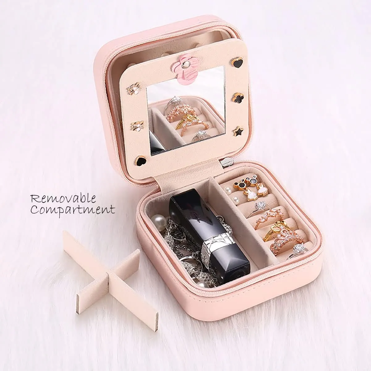 RT&BS Travel Jewelry Case with Mirror, Jewelry Box for Rings Earrings Necklaces, Gifts for Women Girls (Nude Pink)