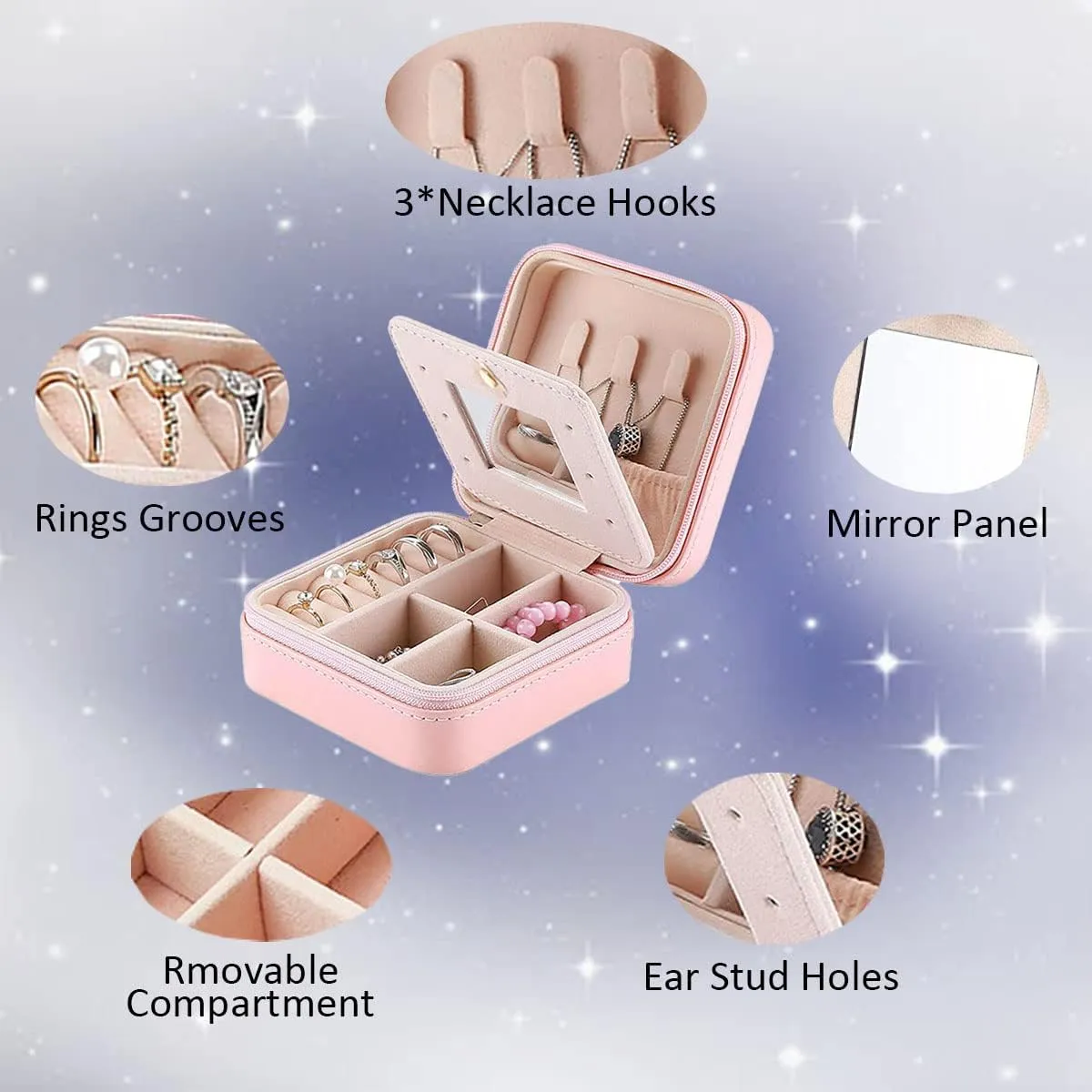 RT&BS Travel Jewelry Case with Mirror, Jewelry Box for Rings Earrings Necklaces, Gifts for Women Girls (Nude Pink)