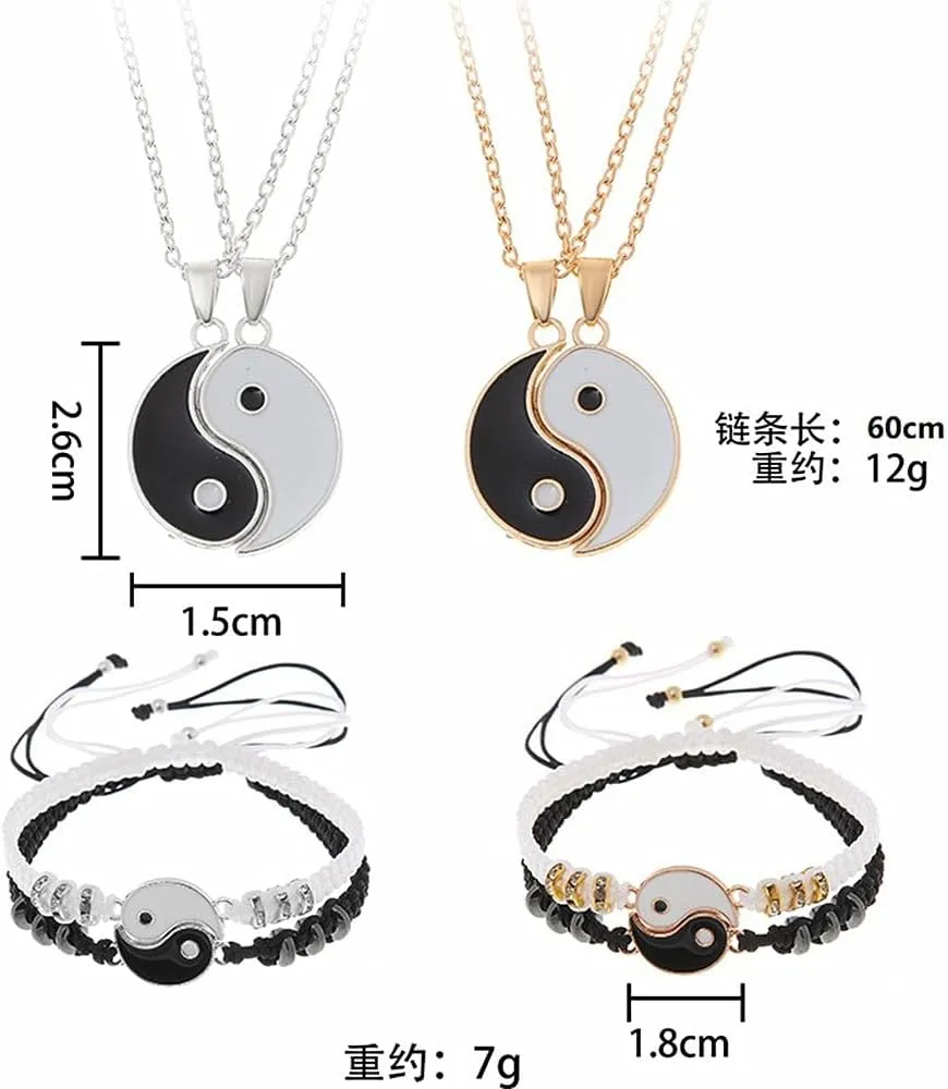 RTY 4Pcs Yin Yang Taichi Pendant Best Friends Couple Matching Bracelets Necklace Set Adjustable Waterproof Handmade Cord Relationship Bracelets for Friendship Relationship Couple Jewelry