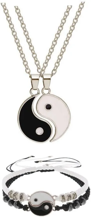 RTY 4Pcs Yin Yang Taichi Pendant Best Friends Couple Matching Bracelets Necklace Set Adjustable Waterproof Handmade Cord Relationship Bracelets for Friendship Relationship Couple Jewelry