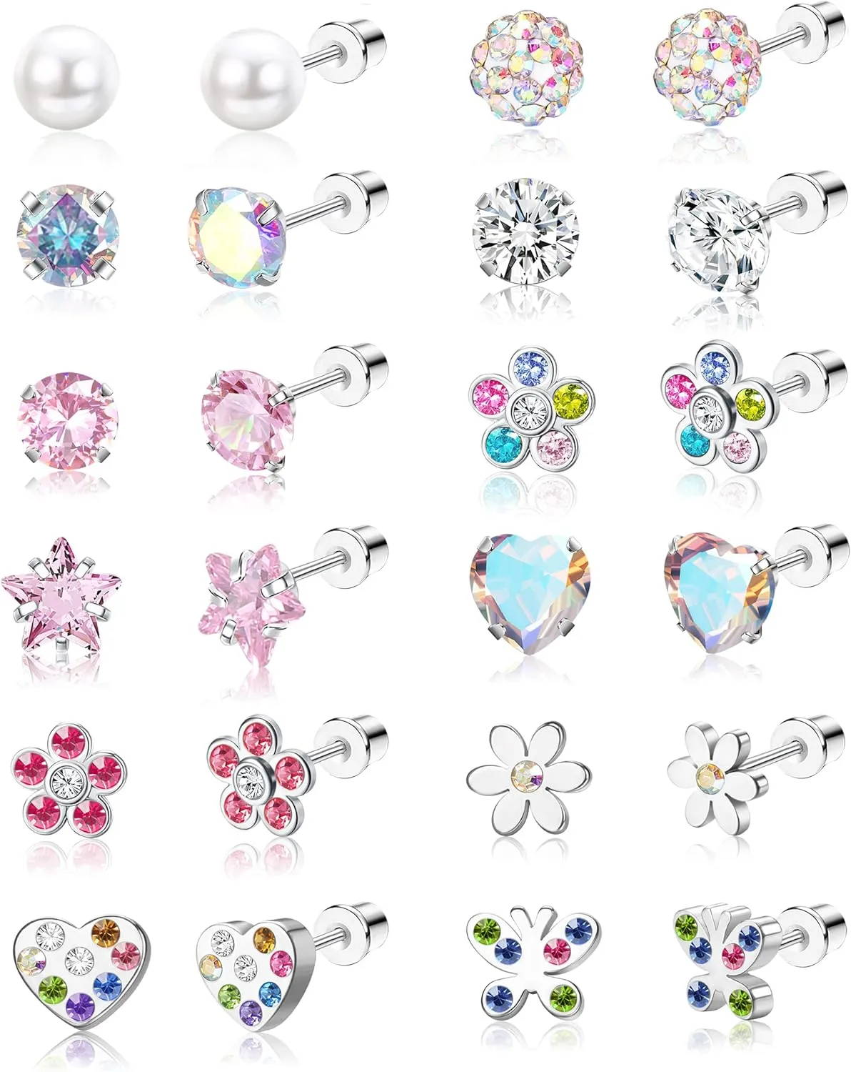 SAILIMUE 12 Pairs Hypoallergenic Screw Back Earrings for Women Surgical Steel Cute Heart CZ Flower Pearl Ball Tiny Screwback Stud Earring