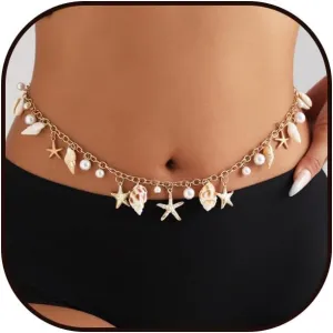 Seashell Starfish Waist Chains for Women Boho Faux Pearl Conch Belly Chain Gold Silver Sea Shell Body Chains Women Sexy Charm Belt Bikini Chain Summer Beach Body Accessories