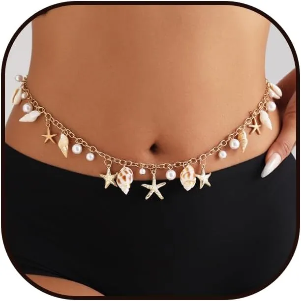 Seashell Starfish Waist Chains for Women Boho Faux Pearl Conch Belly Chain Gold Silver Sea Shell Body Chains Women Sexy Charm Belt Bikini Chain Summer Beach Body Accessories