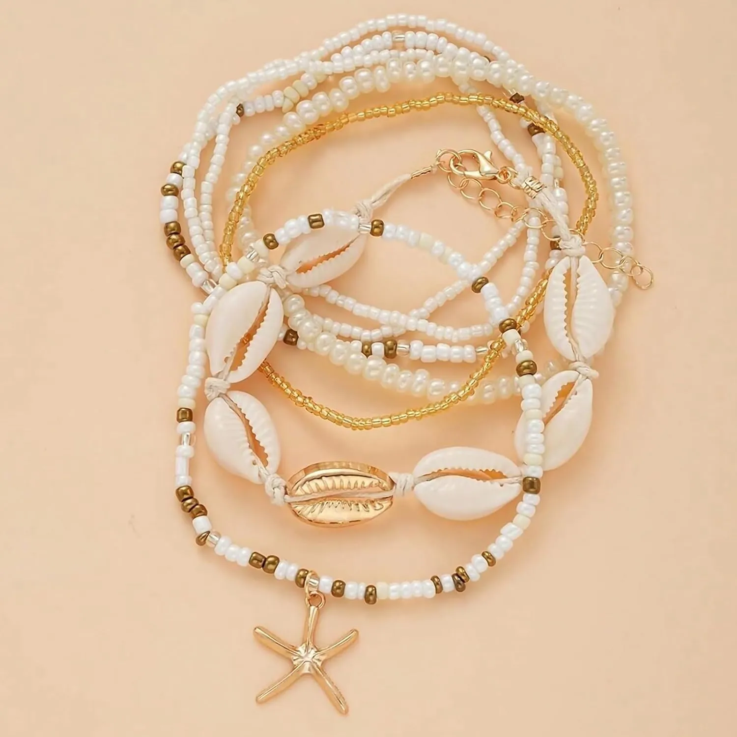 Shell Ankle Bracelet Set for Women, 14K Gold Boho Bead Adjustable Anklet, Hawaiian Beach Seashell Pearl Heart Starfish Conch Foot Jewelry Gifts