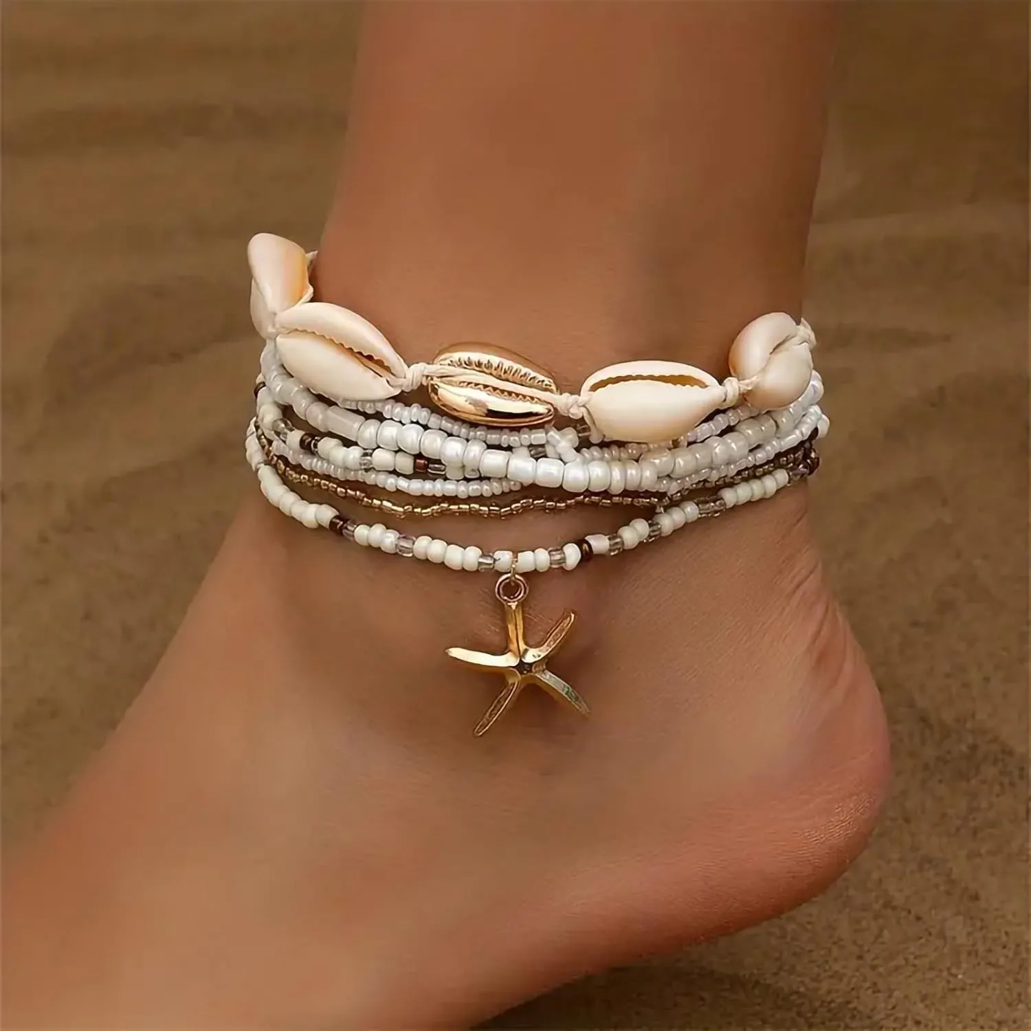 Shell Ankle Bracelet Set for Women, 14K Gold Boho Bead Adjustable Anklet, Hawaiian Beach Seashell Pearl Heart Starfish Conch Foot Jewelry Gifts