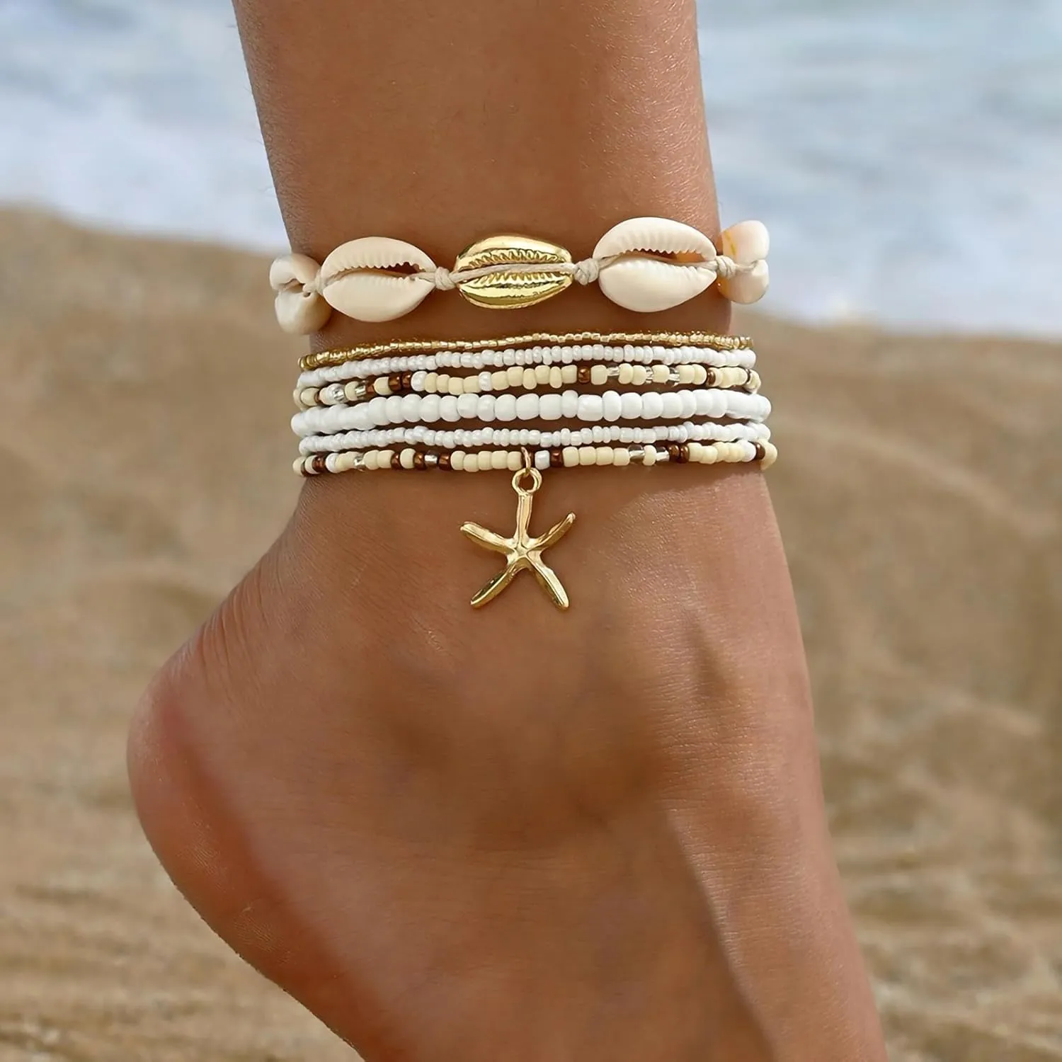Shell Ankle Bracelet Set for Women, 14K Gold Boho Bead Adjustable Anklet, Hawaiian Beach Seashell Pearl Heart Starfish Conch Foot Jewelry Gifts