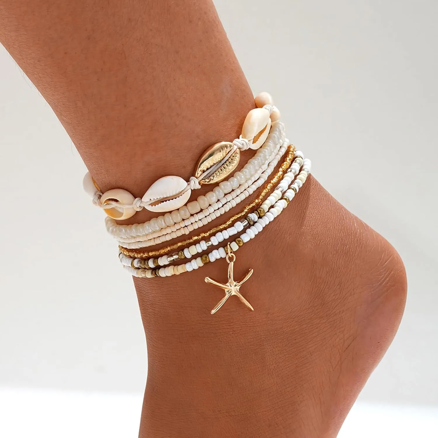 Shell Ankle Bracelet Set for Women, 14K Gold Boho Bead Adjustable Anklet, Hawaiian Beach Seashell Pearl Heart Starfish Conch Foot Jewelry Gifts