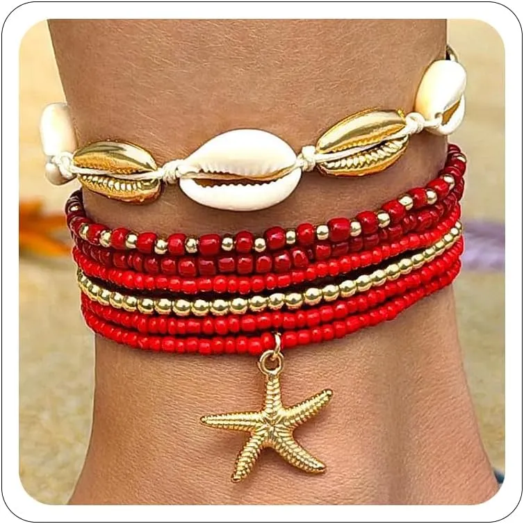 Shell Anklets Bracelet for Women Waterproof Surfer Starfish Bracelet Puka Shell Anklet Colorful Boho Stack Stretch Bead Bracelet Set Hawaii Summer Beach Vacation Foot Jewelry