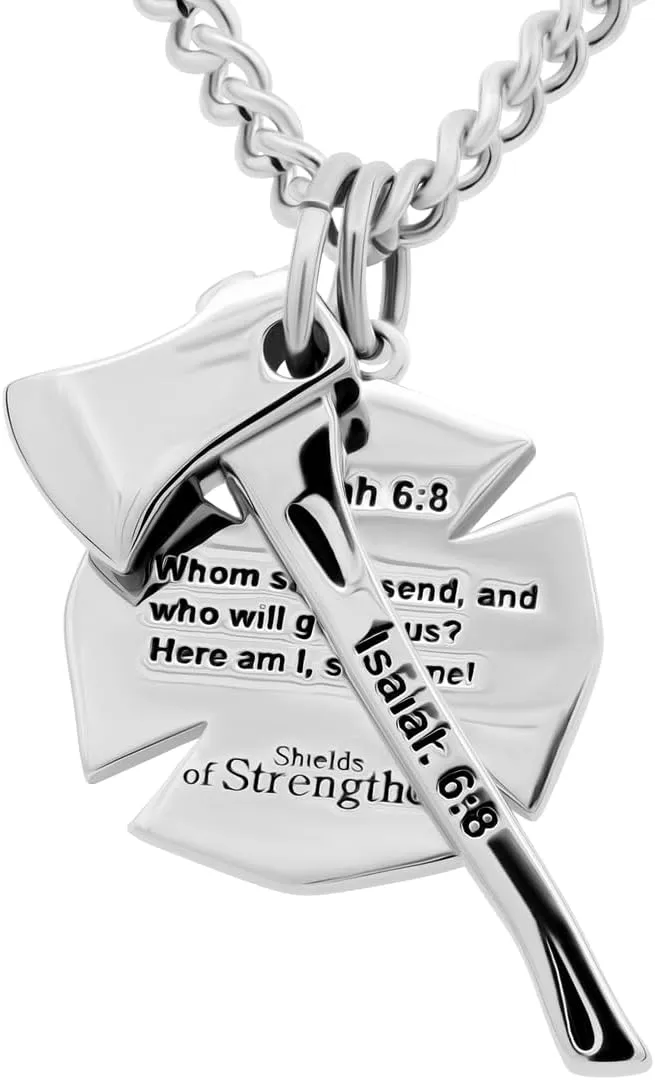 Shields of Strength Men's Stainless Maltese Firefighter Cross/Axe Combo Necklace - Isaiah 6:8