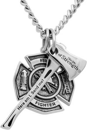 Shields of Strength Men's Stainless Maltese Firefighter Cross/Axe Combo Necklace - Isaiah 6:8