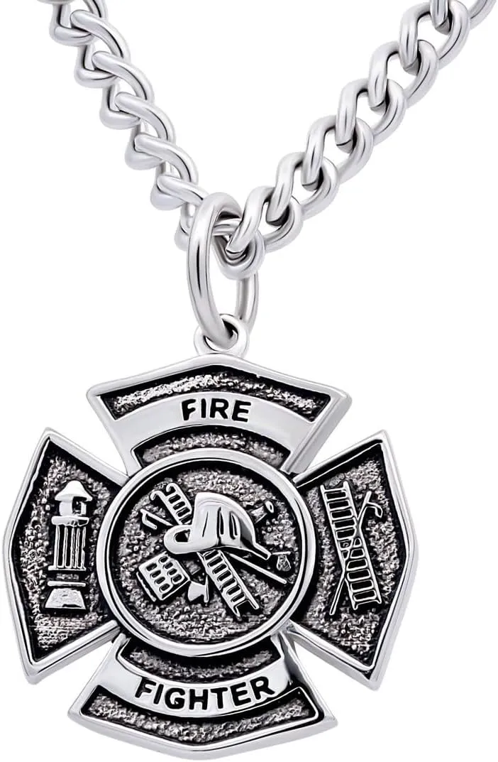 Shields of Strength Men's Stainless Maltese Firefighter Cross/Axe Combo Necklace - Isaiah 6:8