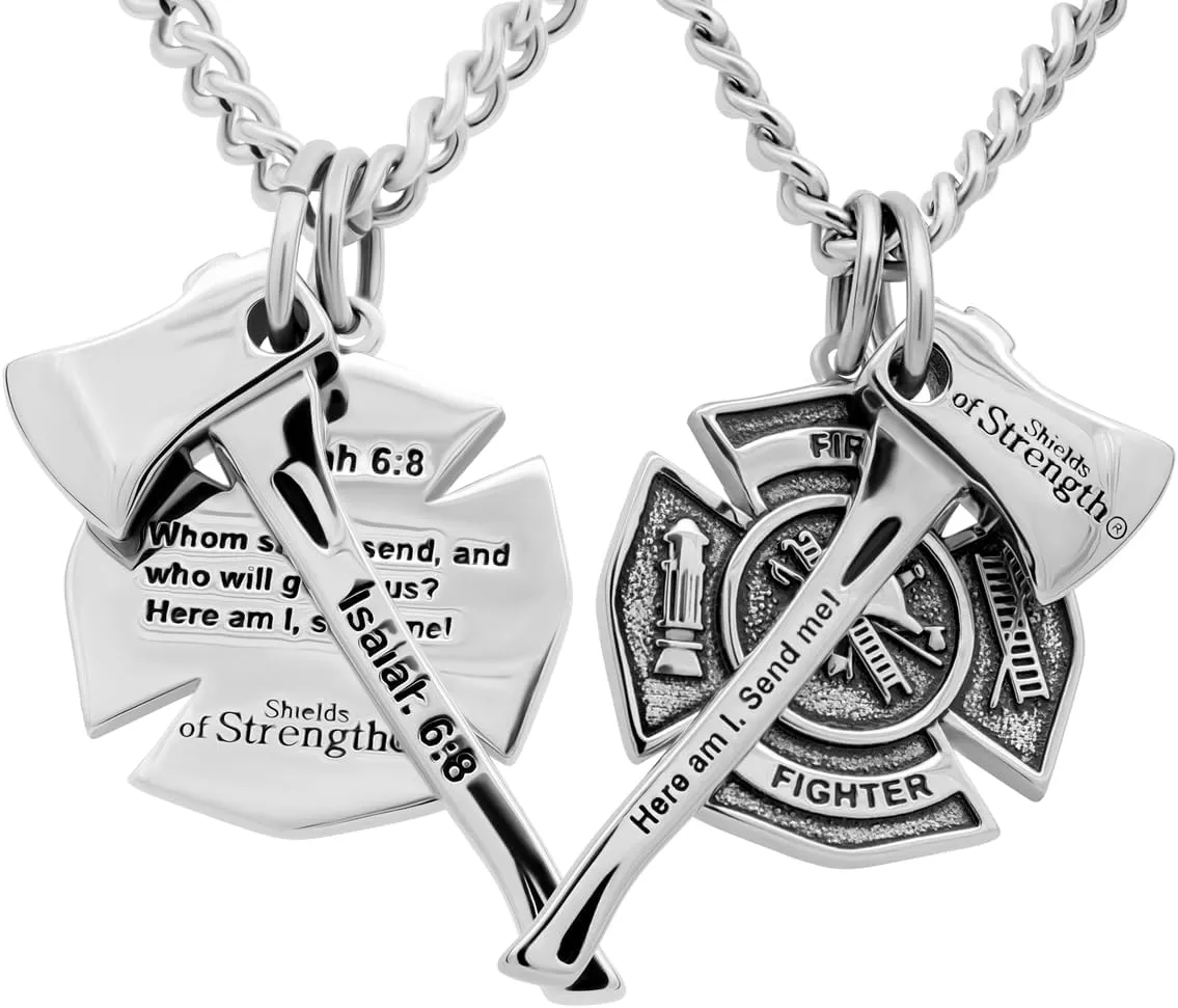 Shields of Strength Men's Stainless Maltese Firefighter Cross/Axe Combo Necklace - Isaiah 6:8