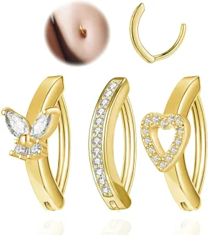 SHINYY 3 Piece Belly Button Ring for Women Surgical Steel Cubic Zirconia Butterfly Heart Navel Clicker Body Piercing Jewelry