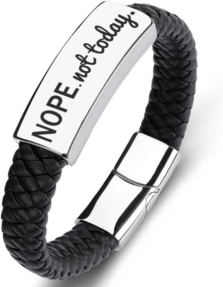 SHNIAN Black Woven Leather & Silver Stainless Steel Friendship Cuffs Bracelets,Inspirational Motivational Bracelets Christian Prayer for Men and Teens - Nope.not Today, 6.5"/7.28"/7.87"