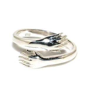 Signet Promise Rings For Men & Woman | Statement Stackable Band For Couple | 925 Sterling Silver Hand Shake Ring | Hugging Love Rings (925 Silver, 6)