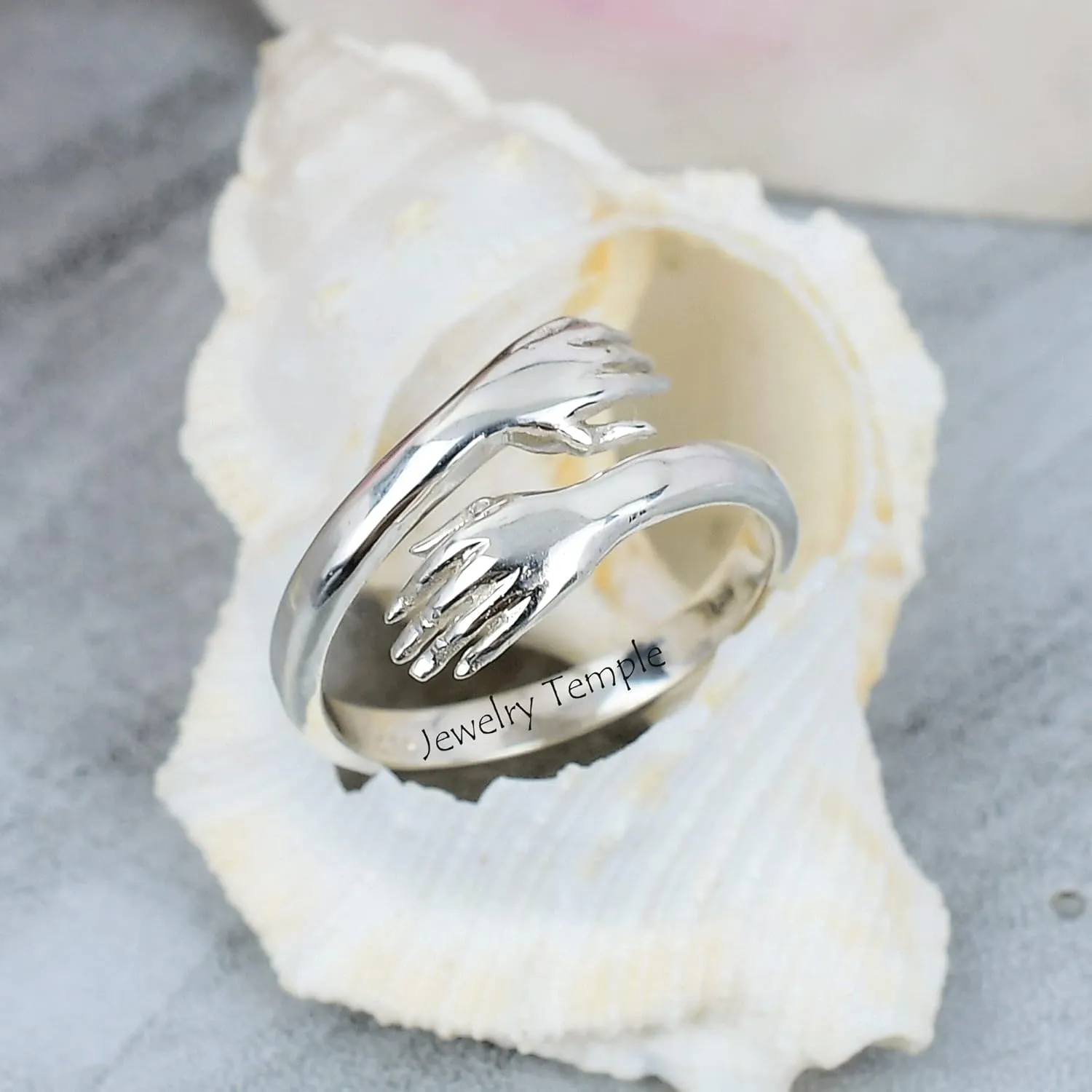 Signet Promise Rings For Men & Woman | Statement Stackable Band For Couple | 925 Sterling Silver Hand Shake Ring | Hugging Love Rings (925 Silver, 6)