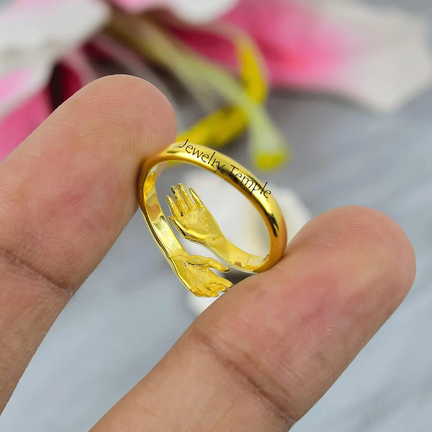 Signet Promise Rings For Men & Woman | Statement Stackable Band For Couple | 925 Sterling Silver Hand Shake Ring | Hugging Love Rings (925 Silver, 6)