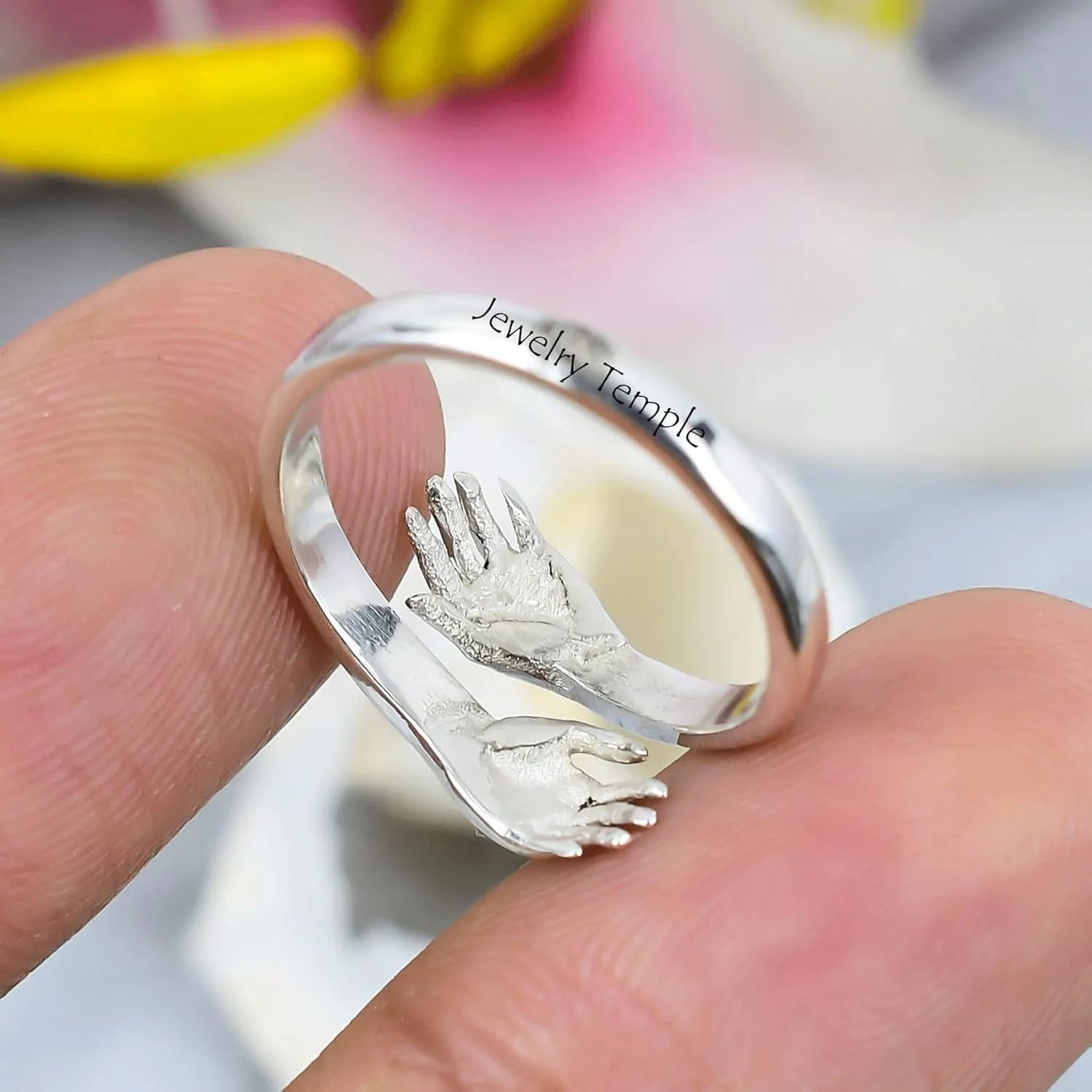 Signet Promise Rings For Men & Woman | Statement Stackable Band For Couple | 925 Sterling Silver Hand Shake Ring | Hugging Love Rings (925 Silver, 6)